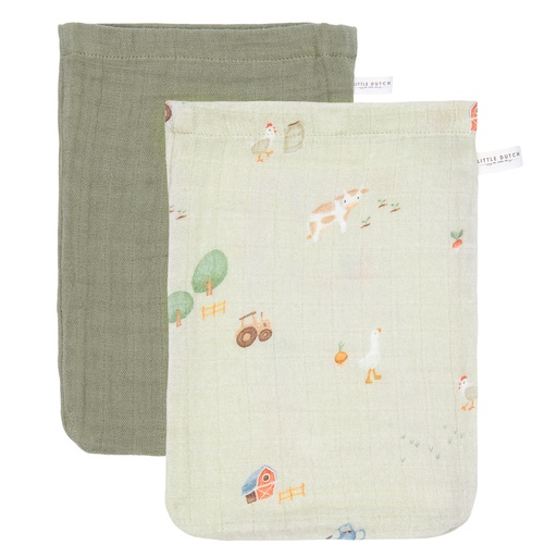 [469904] Little Dutch | Washandje Little Farm, groen/ecru, boederijdieren, katoen,per 2