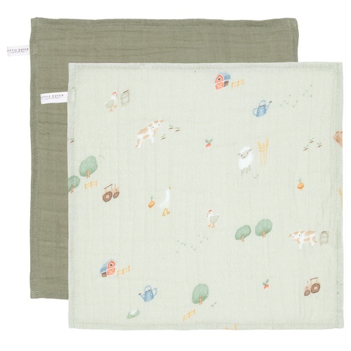 [469907] Little Dutch | Monddoekje Little Farm, groen/ecru, boederijdieren, per 2 