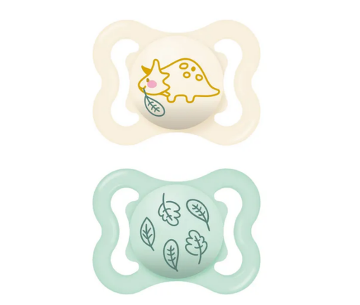 [527475] Mam | Fopspeen Supreme Siliconen Dino/Blaadjes Mint 0-6M 
