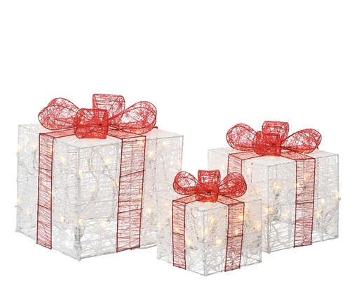 [246262] Lumineo | Verlichting Cadeaudozen met Rode Strik Polyester 15cm (14L) - 20cm (20L) - 25cm (30L) Led Warm Wit Indoor Snoer 1,5m IP20 3-pack Batterij (niet inbegrepen)