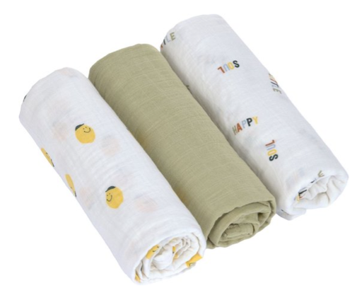 [536010] Laessig | Tetra Doek Swaddle & Burp Blanket L Happy Fruits Lemon 85x85cm 3-pack
