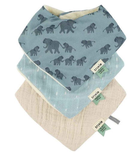 [537323] Trixie | Spuugdoekje Enchanting Elephant All Over Olifant Blauw/Ecru 3-pack