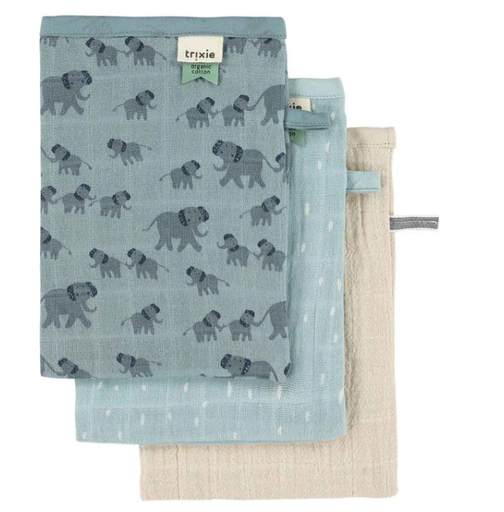 [537325] Trixie | Washandje Enchanting Elephant Blauw/Ecru 3-pack