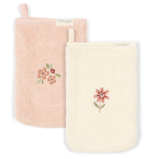 [538341] Little Dutch | Washandjes Bloemen Set Geborduurd Roze 2-pack