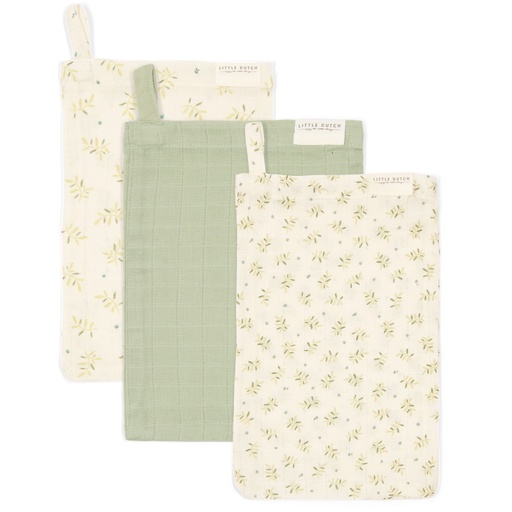 [538350] Little Dutch | Washandjes Blueberry Leaves/Pure Sage Ecru/Groen 3-pack