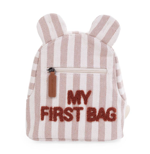 [481075] RUGZAK, My First Bag Canvas, Gestreept Bruin/Ecru uni/print tekst "My First Bag", 20x24x8cm, 2021