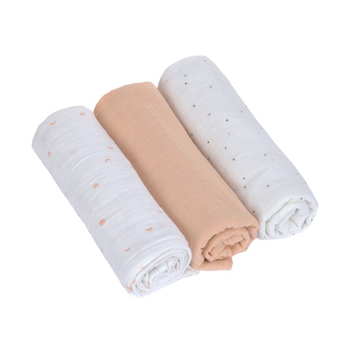[539109] Laessig | Tetradoek Swaddle & Burp Blanket Moon Peach 85x85cm 3-pack