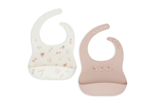 [543513] Jollein | Slabbetje Lovely Birds Silicone Ecru/Roze 2-pack