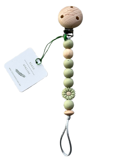 [546325] Klein Atelier | Fopspeenketting Newborn Houten Clip Bloem Soft Green Kralen Speckles Tea Green 17cm