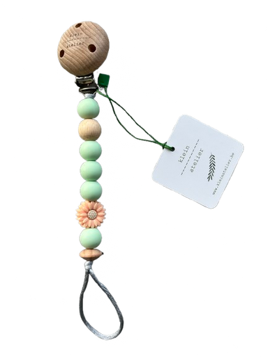 [546326] Klein Atelier | Fopspeenketting Newborn Houten Clip Bloem Soft Pink Kralen Mint Groen 17cm