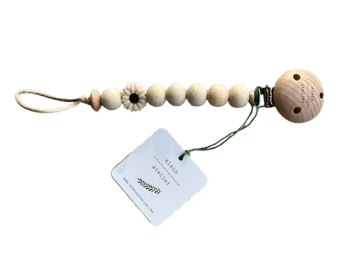 [546328] Klein Atelier | Fopspeenketting Newborn Houten Clip Bloem Ecru Kralen Speckles Ecru 17cm