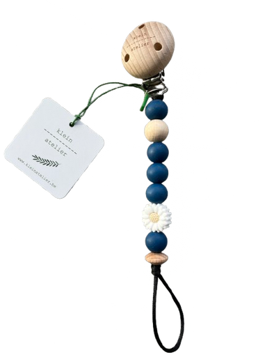 [546330] Klein Atelier | Fopspeenketting Newborn Houten Clip Bloem Wit Kralen Niagara Blauw 17cm