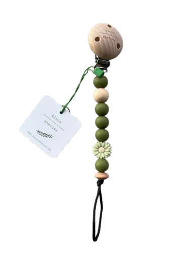 [546331] Klein Atelier | Fopspeenketting Newborn Houten Clip Bloem Soft Green Kralen Khaki Groen 17cm