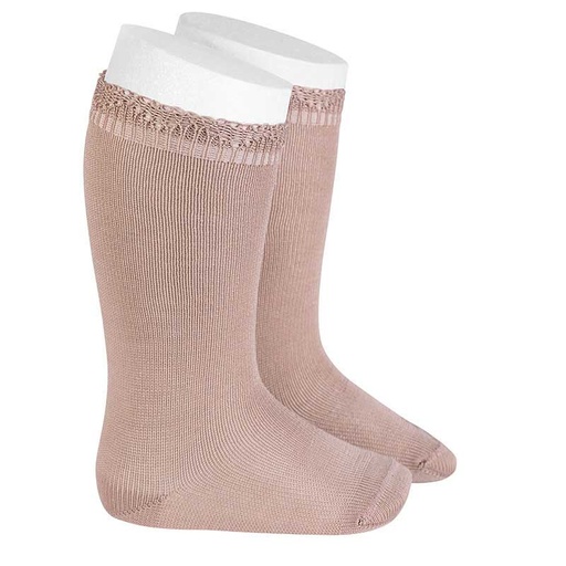 Condor | Kniekousen Cotton knee-high socks with openwork cuff Old Rose