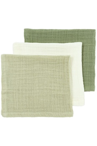 [553235] Meyco | Mondoekje Pre-Washed Hydrofiel Naturel/Soft Olive/Olive Green 30x30cm 3-pack
