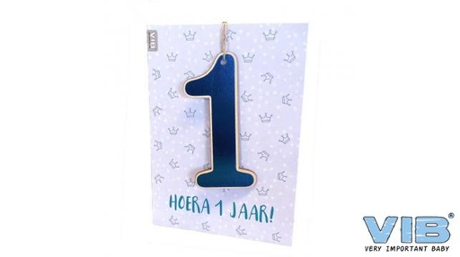 [553881] VIB | Wenskaart Hoera 1 Jaar Houten Hanger Blauw