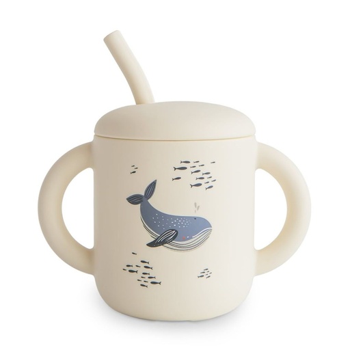 [556082] Mushie | Drinkbeker Whales Training Cup+Straw Silicone Ecru