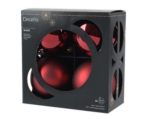 [559465] Decoris | Kerstbal Glas Mix Ossenbloed Rood Ø10cm 4-pack