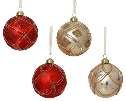 [559670] Decoris | Kerstbal Glas Wit/Ecru/Goud Ø8cm Assortiment 