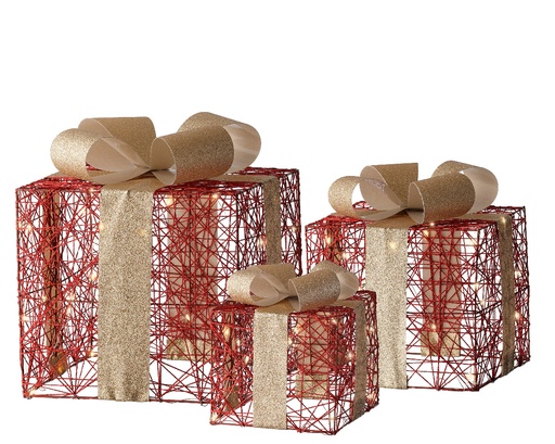 [560376] Lumineo | Verlichting Micro Cadeaudozen met Gouden Strik Polyester 15cm (14L) - 20cm (20L) - 25cm (30L) Led Warm Wit Indoor Snoer 1,5m IP20 3-pack Batterij (niet inbegrepen)