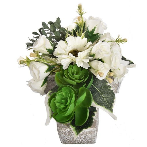 [569247] Jasaco | Grafstuk Rose Gerbera Echeveria in Pot Cream 21x15cm