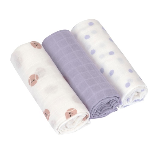 [570034] Laessig | Tetra Doek Heavenly Soft Swaddle L Tiny Team Pastel Lilac 80x80cm 3-pack
