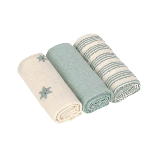 [570055] Laessig | Tetra Doek Tiny Team Granite Green Swaddle & Burp Blanket 60x60cm 3-pack