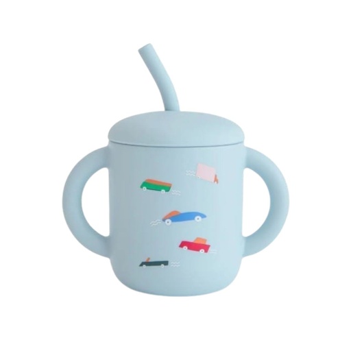 [571694] Mushie | Drinkbeker Retro Cars Training Cup+Straw Silicone Blauw 