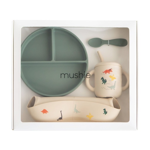 [572773] Mushie | Eetset Giftbox Dino Siliconen Ecru/Groen 4-delig