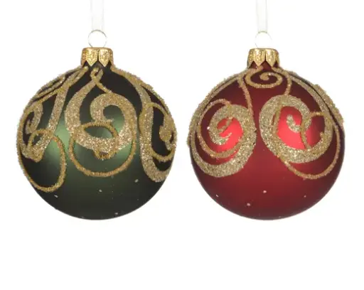 [577867] Decoris  | Kerstbal Glas Matt Curl Decor Rood/Groen/Goud Ø8cm Assortiment 