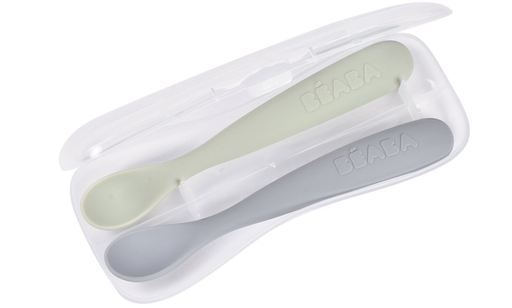 [579035] Beaba | Lepel 1ste Leeftijd Siliconen met Reisetui Duo Natuur 2-pack
