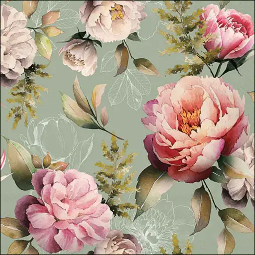 [579105] Ambiente | Servetten Peonies Composition Green 3-laags  33x33cm 20-pack