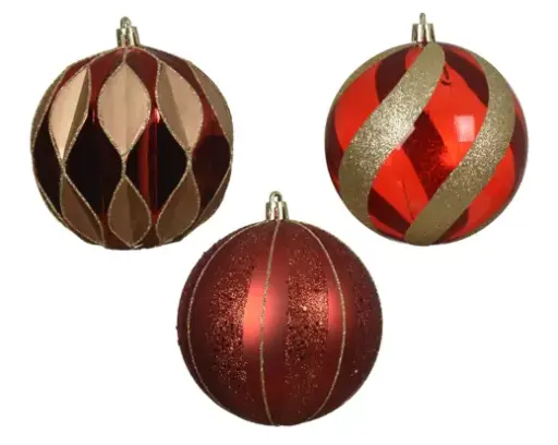 [579157] Decoris | Kerstbal Kunstof Shiny Glitter Rood/Goud Ø10cm Assortiment