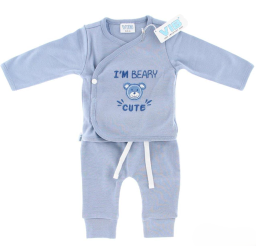 [581206] VIB | Outfit "I'm Beary Cute" Wikkelshirt/Broek Dusty Blue 0-3M 2-delig