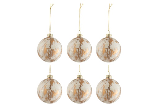 [582196] J-Line | Kerstbal Marmerlook Glas Wit/Goud Ø8,5x10 6-pack