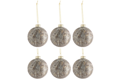 [582197] J-Line | Kerstbal Fluweel Glas Grijs/Goud Ø8cm 6-pack