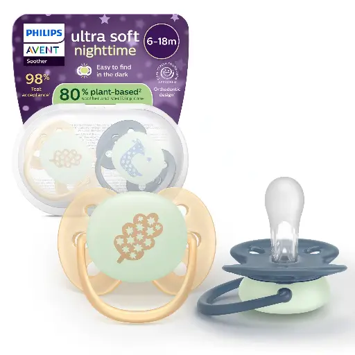 [585441] Avent | Fopspeen Ultra Soft Night Perzik/Blauw +6m