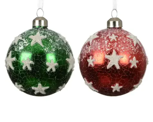 [586014] Decoris | Kerstbal Glas Snow Rood/Groen Ø8cm Assortiment 