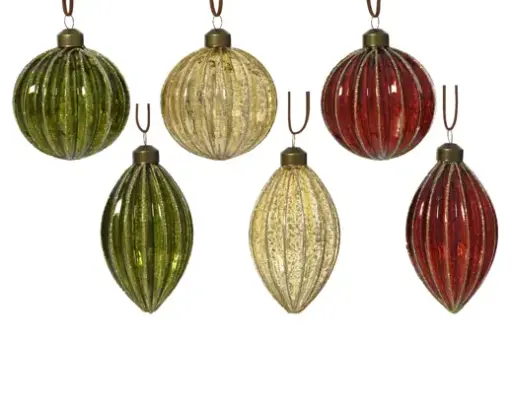 [591372] Decoris | Kerstbal Glas Glitter Lines Groen/Ecru/Rood Ø10cm Assortiment 