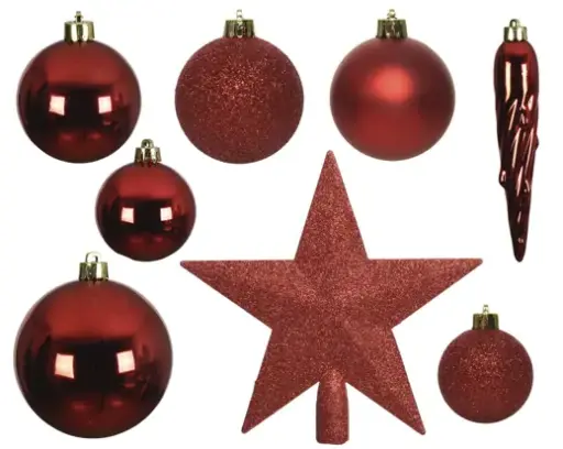 [591379] Decoris | Hangfiguur Decoratiepakket Kerstrood Piek/Kerstballen/Pegels 33-delig