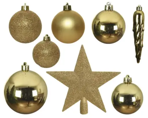 [591381] Decoris | Hangfiguur Decoratiepakket Licht Goud Piek/Kerstballen/Pegels 33-delig