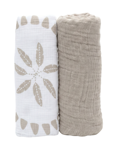 [591930] Noukies | Tetra Doek Moon Feathers 100x100cm Wit/Bruin 2-pack