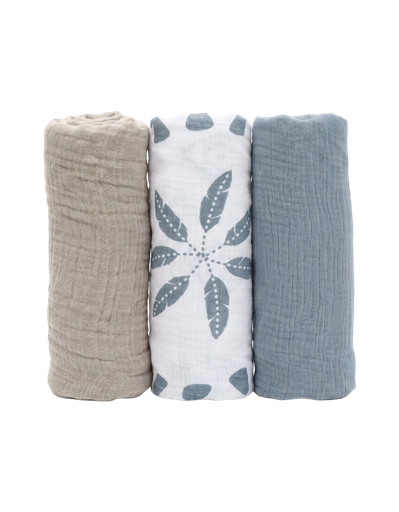 [591931] Noukies | Tetra Doek Moon Feathers 70x70cm Wit/Bruin/Blauw 3-pack