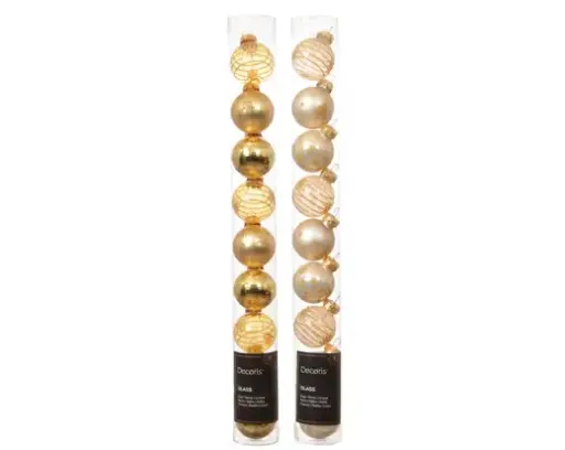 [593395] Decoris | Kerstbal Glas Mix Swirl Line/Tree/Star Koker met 9 Ballen Light Gold/Pearl Assortiment