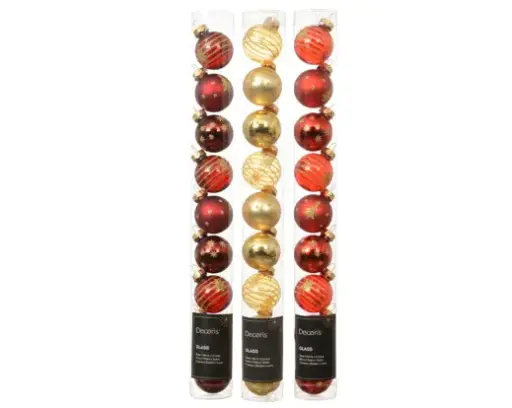[593396] Decoris | Kerstbal Glas Mix Swirl Line/Tree/Star Koker met 9 Ballen Light Gold/Christmas Red/Oxblood Assortiment