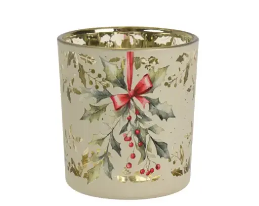 [594551] Decoris | Theelichthouder Glas Holly Berry Ø7,3x8cm