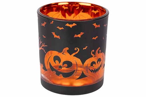 [594879] Cosy & Trendy | Theelichthouder Halloween Glas Oranje/Zwart Ø9x10cm