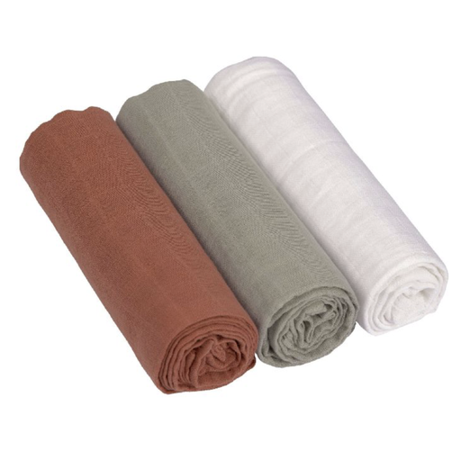 [408630] Laessig | Tetra Doek Swaddle & Burp Blanket Rust/Olive/Milky/ 85x85cm 3-pack