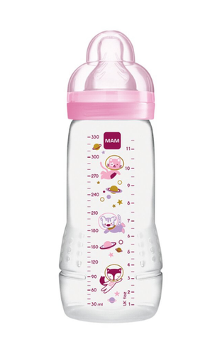 [438056] BREEDHALSFLES, PP, 330 ml, Baby Bottle, girl, roze/trans., silic. speen, 4m+, 1 stuk(s), Easy Active, fles, 2023/2024