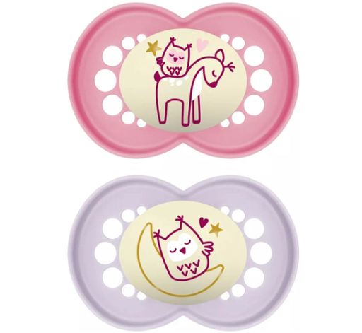 [474164] MAM | Fopspeen Pure Night Sil Girl o/p Ortho/Physio Glow in The Dark Bosdieren Roze 6-16M